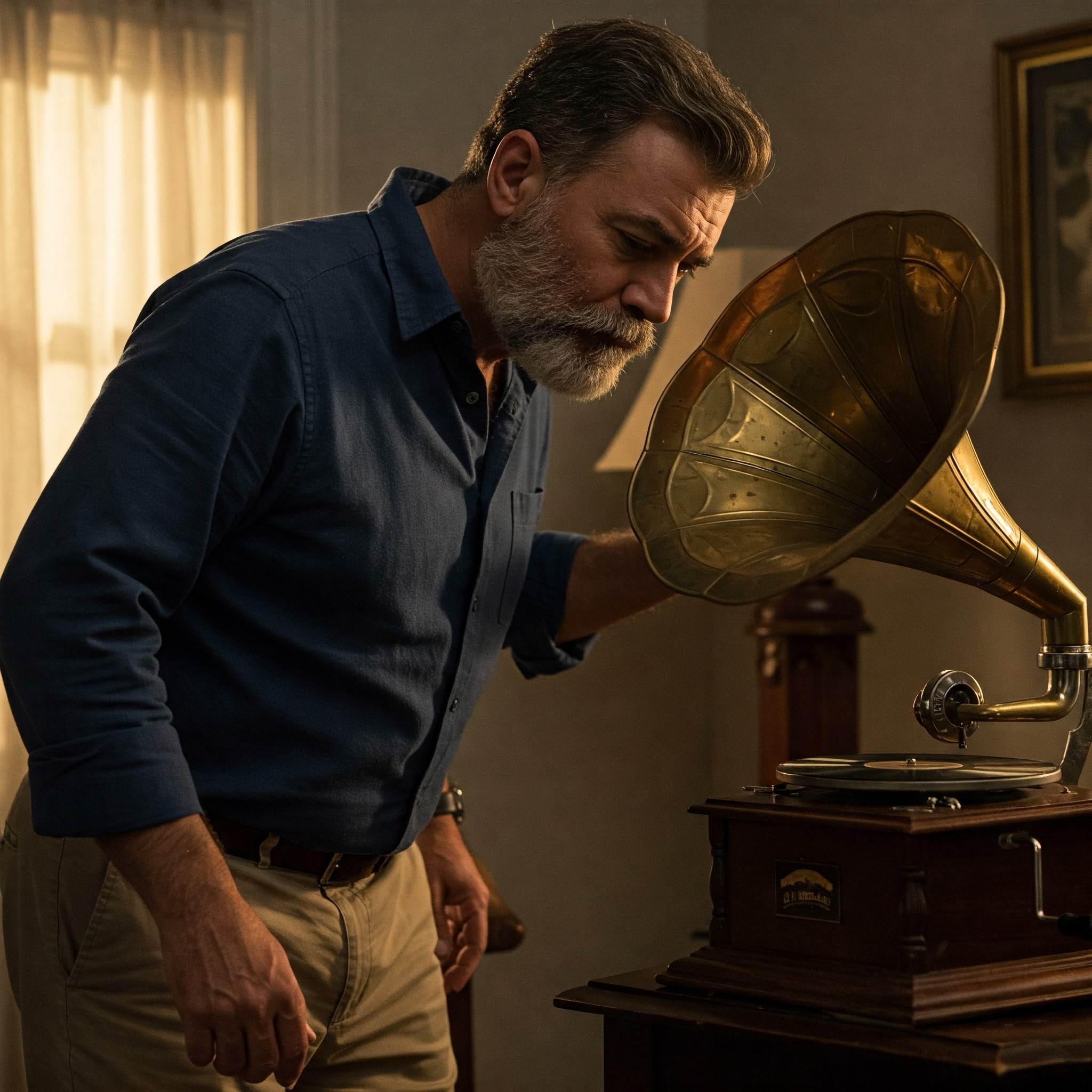 A man listening to a gramophone